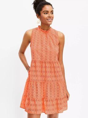 LOFT Lively Coral Eyelet Tiered Swing Dress | Sleeveless | Size MP